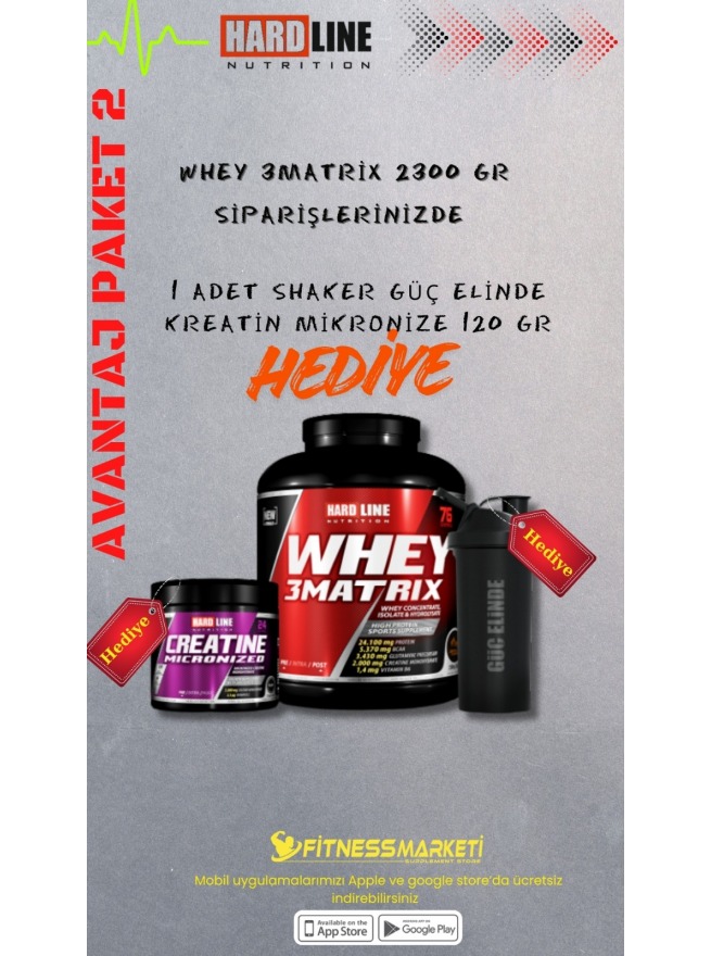 Hardline Whey 3 Matrix 2300 GR + Hardline Kreatin Mikronize 120 Gr  + Hardline Güç Elinde Shaker 