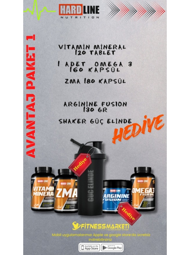 Hardline Zma 180 Kapsül + Hardline Vitamin Mineral 120 Kapsül + Hardline Omega 3 160 Kapsül + Hardline Arginine Fusion  130 Gr + Hardline Güç Elinde Shaker 